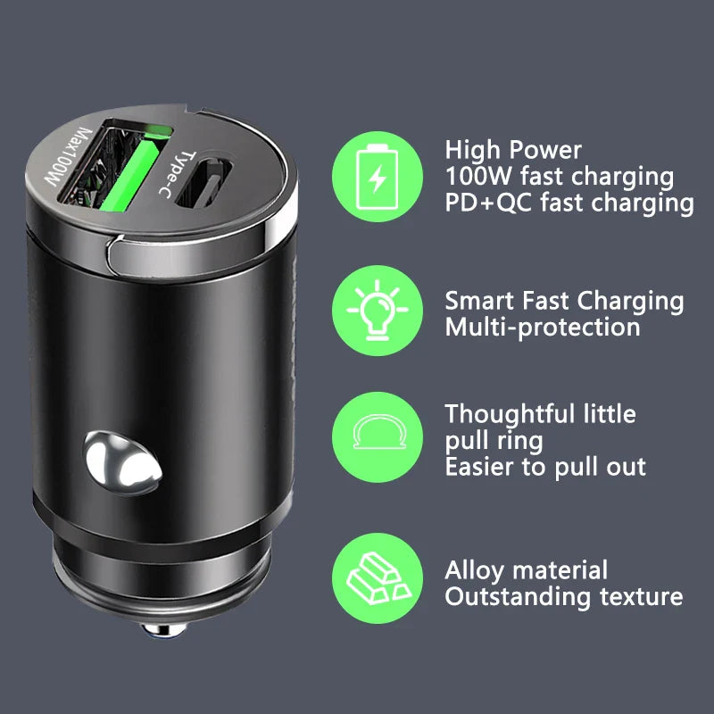 100W Mini Car Charger Lighter Fast Charging for iPhone